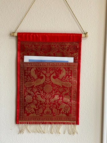 Wall Decor Red Wall Hanging Silk Tapestry Mail Holder Organizer Elephant Gift - Picture 6 of 6