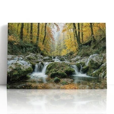 Autumn Waterfall Canvas Print Wall Art – Golden Forest Stream Landscape Artwork
