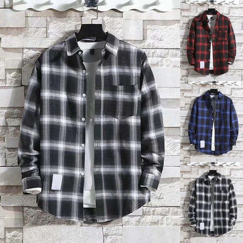 Herren Karo Tartan Revers T-Shirt Langarm Knöpfe Freizeit Slim Fit Tops Bluse - Bild 2 von 32