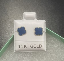 14K Small Yellow Gold Four Leaf Blue Flower Stud Earrings With Safety Backing