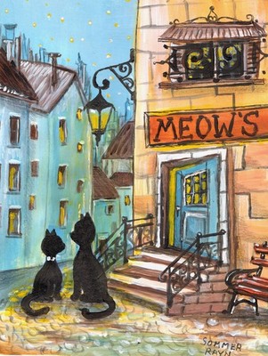 Meow's Cafe in Paris, a night to remember, cats, notecard, kitty,  Item #P-0092