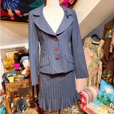 Vintage Y2K Nanette Lepore Pinstripe Wool Blend Blazer Skirt Suit officecore - 6