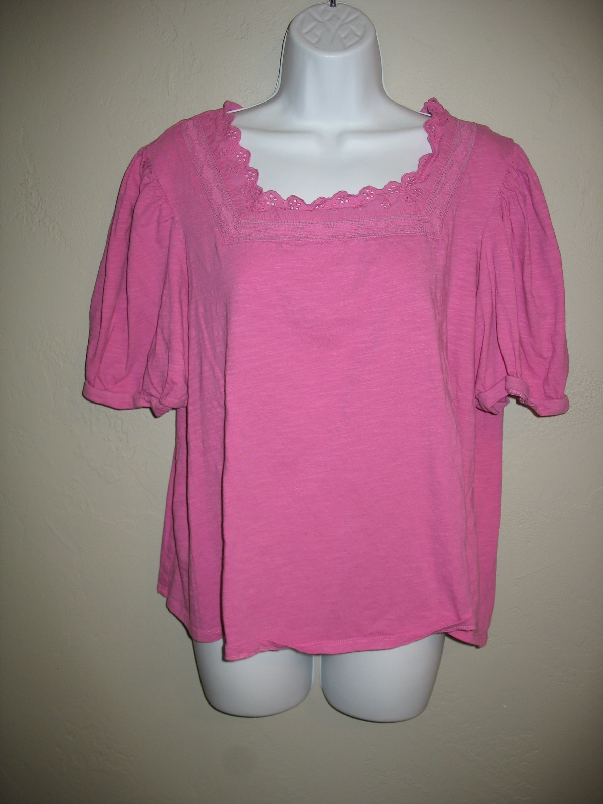 St Johns Bay Short Sleeve Shirt Sz XXL Pink Square Neck Puff Sleeve Womens