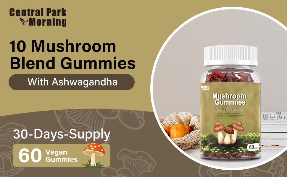 CENTRAL PARK MORNING Mushroom Gummies WITH ASHWAGANDHA 60 GUMMIES RASPBERRY 2026