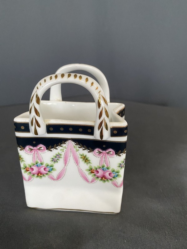 Miniature Ceramic Handbag Vase Ornament Floral and Ribbon Design