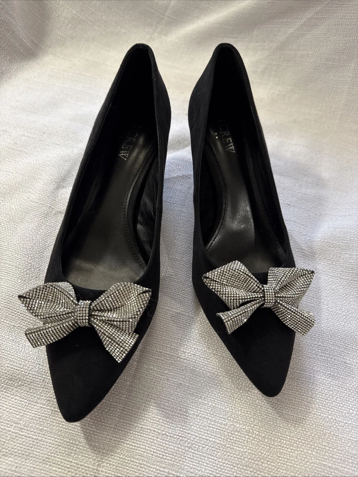 J.Crew 黑色小猫高跟鞋水钻蝴蝶结尖头正装鞋 9 码闪亮 — 第 2/4 张图片