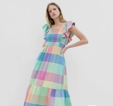 GAP Smocked Midi Dress Size L Linen Blend Pastel Madras Plaid Ruffle Sleeve