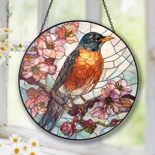 Robin Glass Suncatcher, American Robin Cherry Blossom Window Hanging, Bird Lover