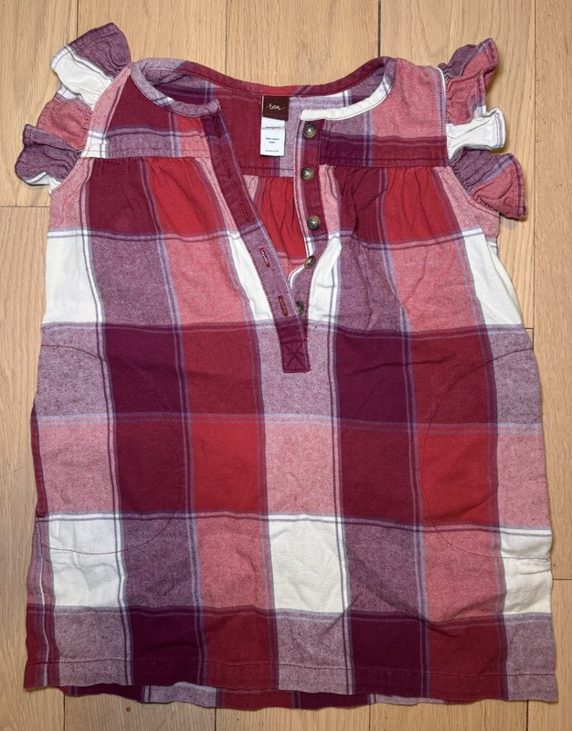 Tea Collection Plaid Flannel Ruffle Sleeveless Dress Girls Size 5 ButtonsPockets