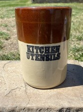 Vintage Stoneware Utensil holder with brown band at top Words Kitchen Utensils