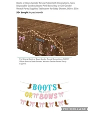 Boots or Bows Gender Reveal Party Decorations Banner and Table Cloths Brown Pink