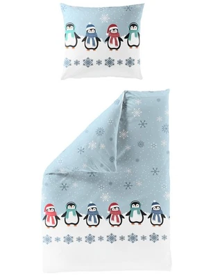 Bierbaum Biber Bettwäsche 135x200 Pinguine Sterne hellblau weiß 4115-20 - Bild 1 von 4