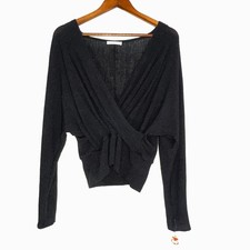 Wasabi + Mint Womens Long Sleeve Large Black Ribbed Wrap Cropped Top Stretch