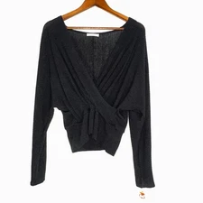 Wasabi + Mint Womens Long Sleeve Large Black Ribbed Wrap Cropped Top Stretch