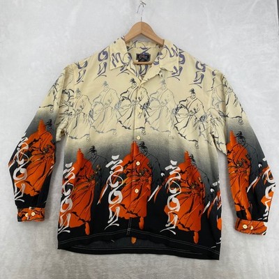 Webs Samurai Graphic Button Up Mens 2XL Cream Black Orange Y2K Streetwear Shirt