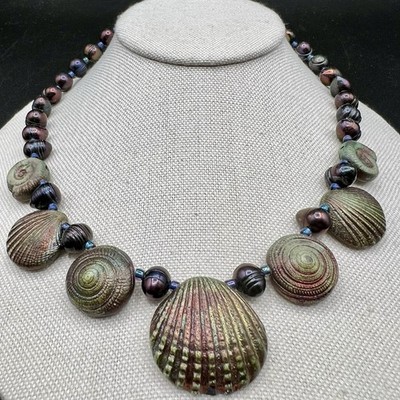 Artisan Coastal Shell Statement Necklace Iridescent Peacock AB Blue Ocean Beads