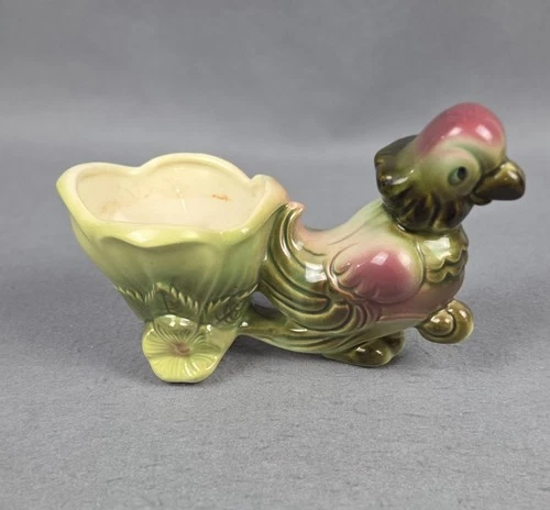 Vintage Majolica Style Porcelian Hull USA #60 Parrot Pulling Cart Planter MCM