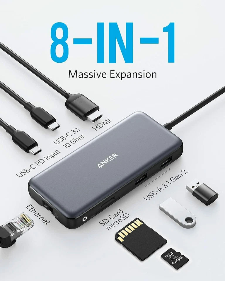 Anker 8-in-1 USB C Data Hub 100W PD Adapter 4K HDMI Ethernet for Mac Laptops PC - Image 2 of 4