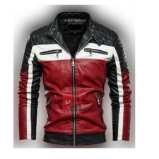 Handmade Men's Black Red & White Genuine Lambskin Pure Leather Jacket