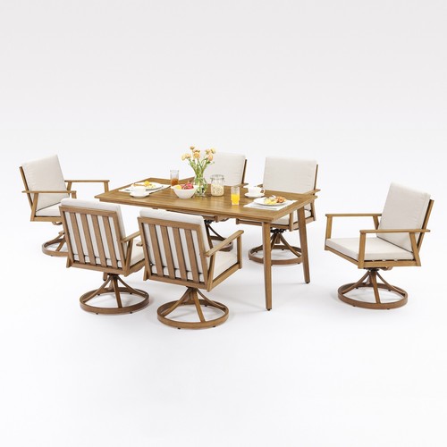 SeeHill 7 Pieces Patio Dining Set Teak Outdoor Aluminum Swivel Dining Table Sets