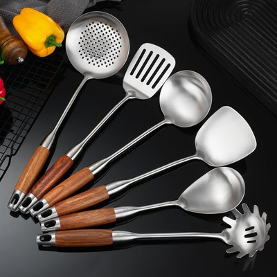 Stainless steel kitchen utensil set with wooden handles