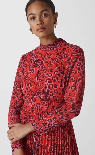 Whistles Red Jungle Cat Animal Leopard Print Pleated Midi Dress UK 8 / EU 36 - Bild 6 von 20