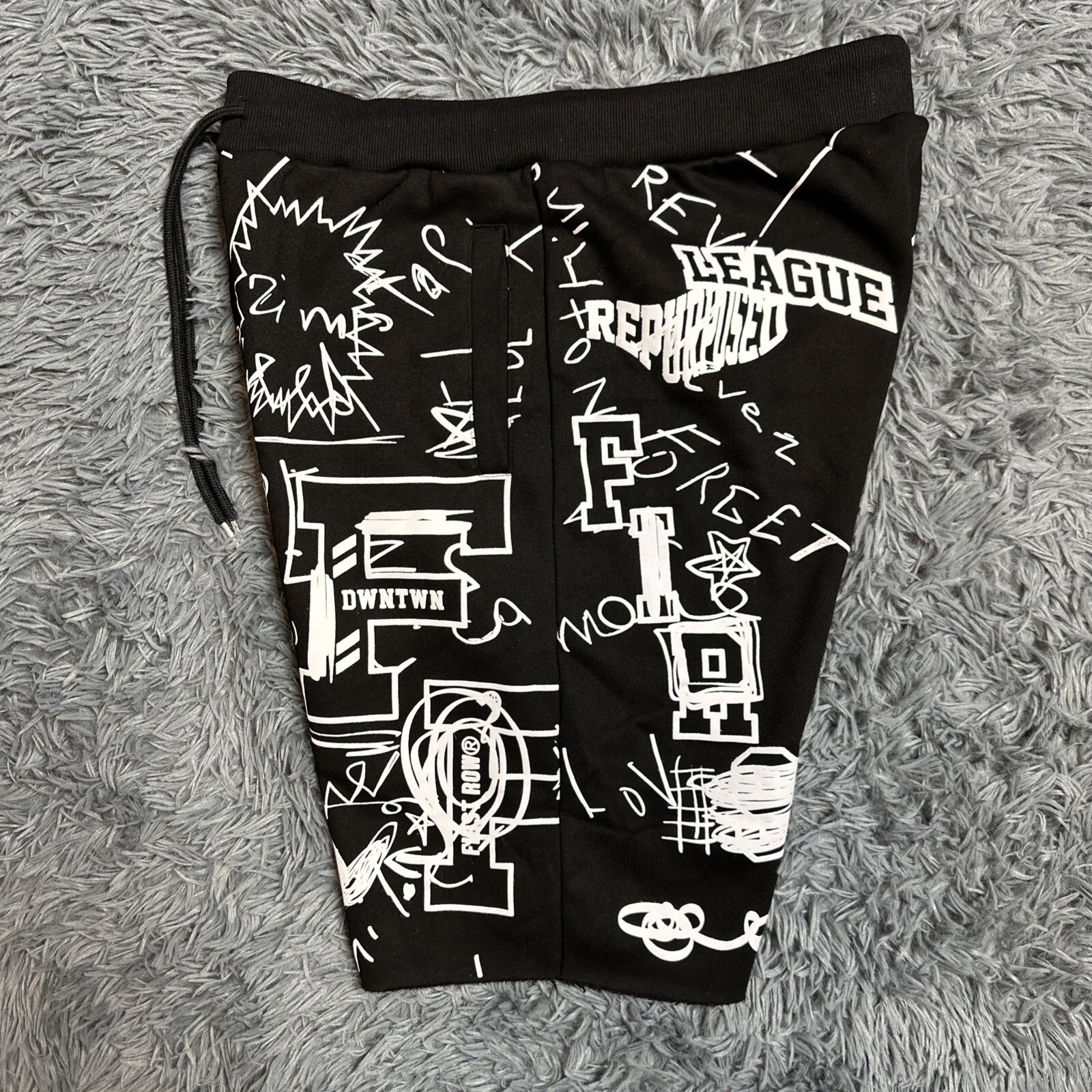 Pantaloncini felpati prima fila uomo grandi neri in rilievo hip hop stampa grafica AOP EUC