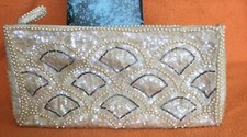 VINTAGE IVORY/TORTOISE PEARL/BEAD/SEQUIN ZIP CLUTCH HANDBAG PURSE-SOME WEAR-FAIR
