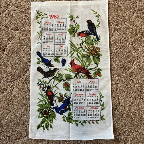 1982 Linen Calendar Tea Towel / Wall Hanging Birds Vintage
