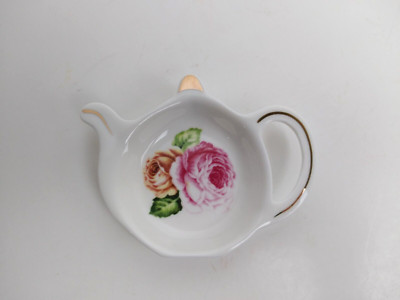 Teapot Shaped Tea Bag Holder Porcelain ''The Fairmont Empress'' Roses Gold Accents