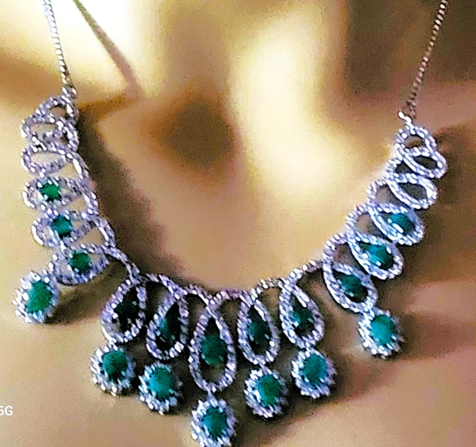 Nuevo Collar de Lujo Natural Verde Esmeralda Estampada Plata 925 Foto 3 de 4