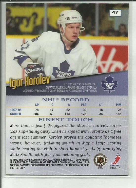 1998-99 Topps Finest #47 Igor Korolev Toronto Maple Leafs - Image 2 of 2