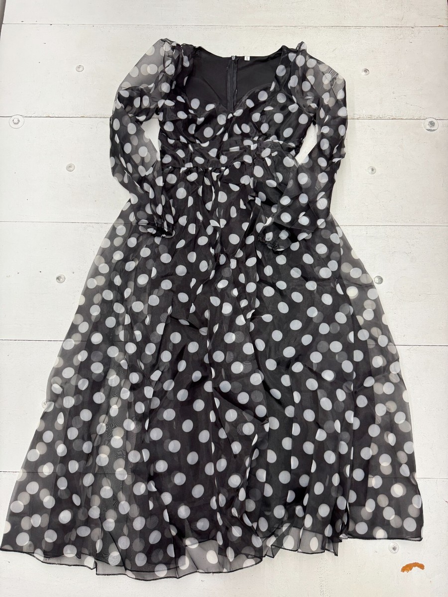 shein black and white dress Shein Black White Polka Dot Long Sleeve Back Zip Dress Womens Size Small