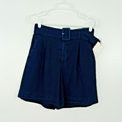 A New Day Shorts Women's Size Small Blue Belted Seersucker Pleated Summer Casual
