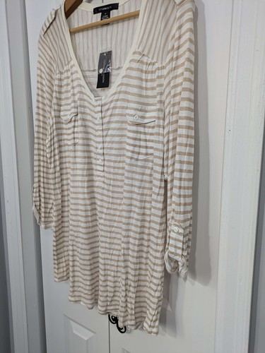 89th & Madison NWT Women's Size 1X Long Sleeve Shirt White Tan Striped - Picture 2 of 4