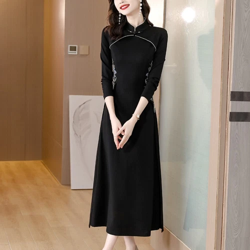 Women Qipao Long Sleeve Floral Chinese Style Dress Slim Fit Long Cheongsam Dress - Picture 3 of 11