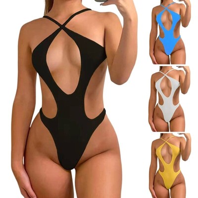 Womens V-Neck Cut Out Front Lace-Up Back High Cut Monokini Swimsuit