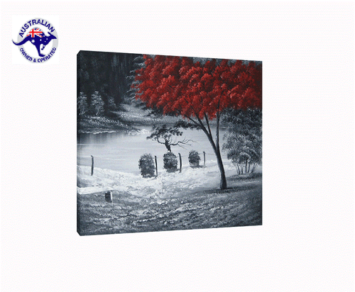 HUGE RED TREE ON BLACK AND WHITE LAKE LANDSCAPE PAINTED OIL PAINTING (NO FRAME) - Bild 1 von 5