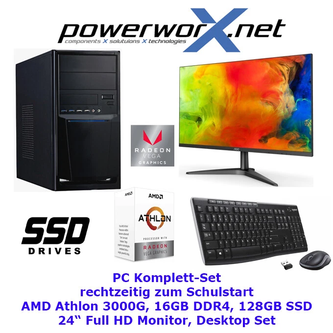 PC Komplett-Set AMD Athlon 3000G Vega 3 Radeon 16GB 128GB SSD 24" TFT MONITOR