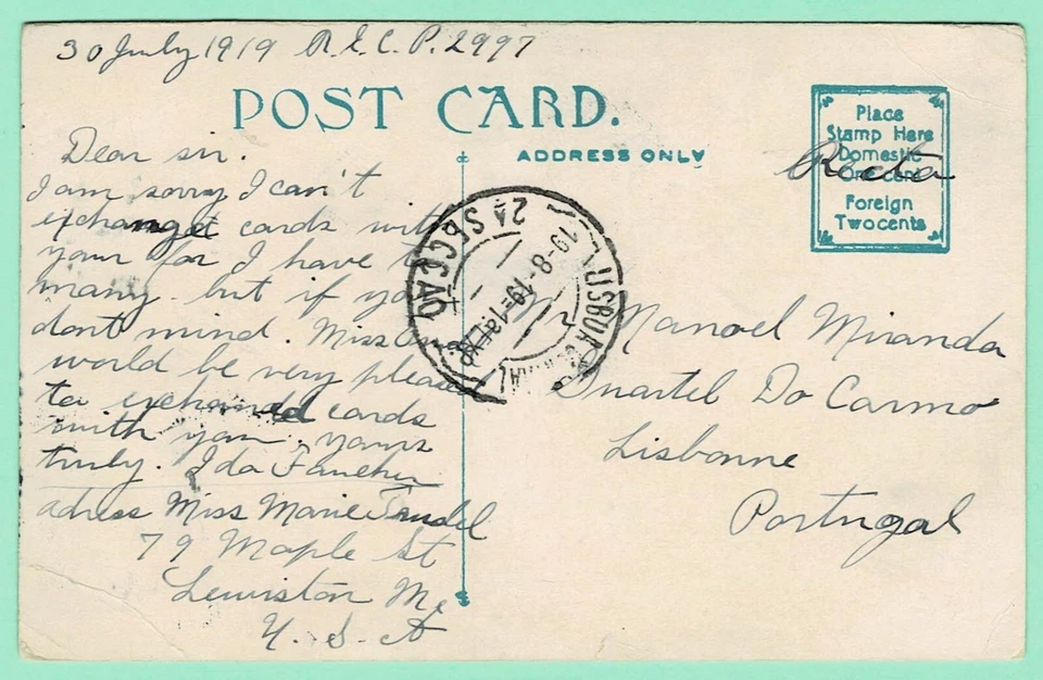 US 3¢ #502 tied PPC w/ LEWISTON/ AUG 1/ MAINE 1919 to Lisboa PORTUGAL  19-8-19 - Image 2 of 2