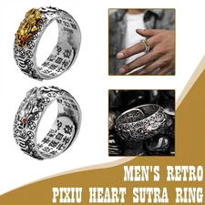 Feng Shui Pixiu Silver Adjustable Ring MANI Mantra Protection Wealth Ring Unisex