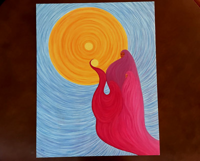 Vintage Figural Abstract Surrealism Painting 22x28'' signed Women in Sun