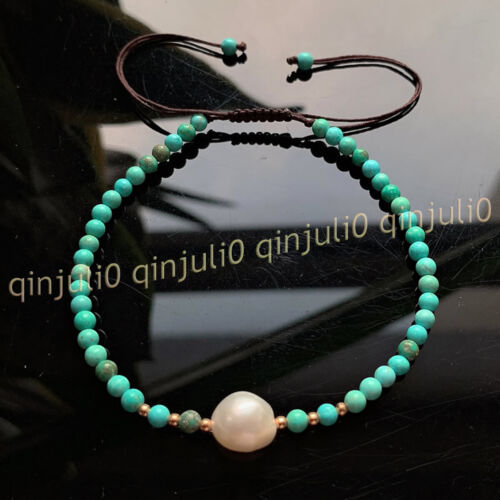 4mm Natural Turquoise Round Gems Beads 9-10mm White Pearl Necklace Bracelet Set - Picture 5 of 6
