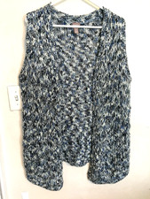 Chicos Women Cardigan Sweater 2 L 12 Blue White Wool Blend Chunky Knit Open Vest