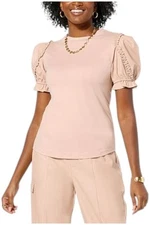 G by Giuliana Women's G-Knit Top Ruffled Faux Leather Slvls Warm Tan