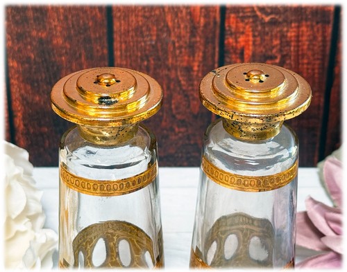 RARE Culver Antigua Glass Salt and Pepper Shakers Gilt Vintage Made in USA HTF - Picture 2 of 6