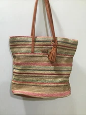 Sun N Sand Beach Tote Bag Woven Natural Boho Multicolor Rainbow Vacation Tassel
