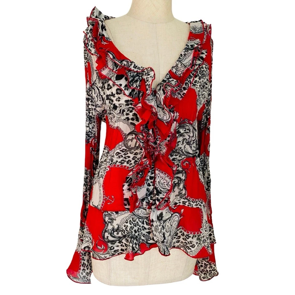 Blusa Y2K VTG babado transparente fada enrugada boho plissada L vermelha preta branca