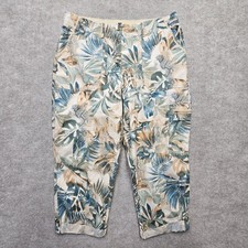 Chico s Tropical Print Capri Pants Size 1 Blue Beige Stretch Waist Cargo