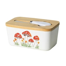 Mushroom Ceramic Butter Dish with Bamboo Lid and Knife 2 Sticks Container Keeper